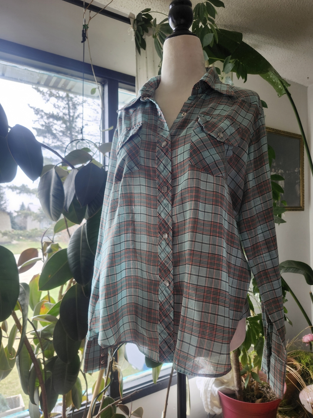 Vintage 70s Teal Plaid Snap-Front Shirt Western Soft Flowy XL - Picture 2 of 5